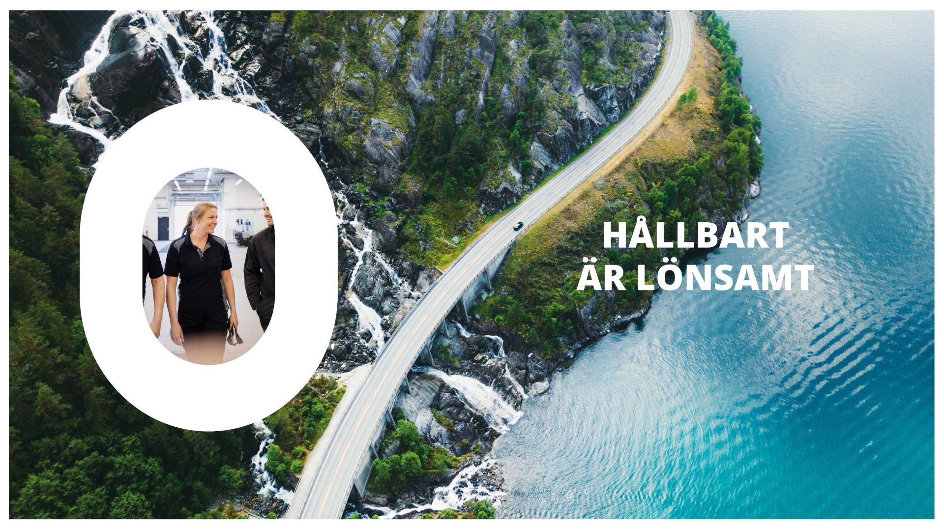 En bild på berg som möter hav med texten "Hållbart är lönsamt"