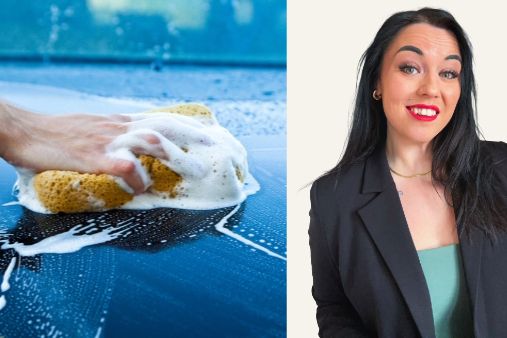 En hand som tvättar en bil och ett porträtt på Veronica Sköld, CSO på Clemondo